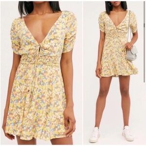 Free People Dress Forget Me Not Floral Print Yellow Lily Size 4